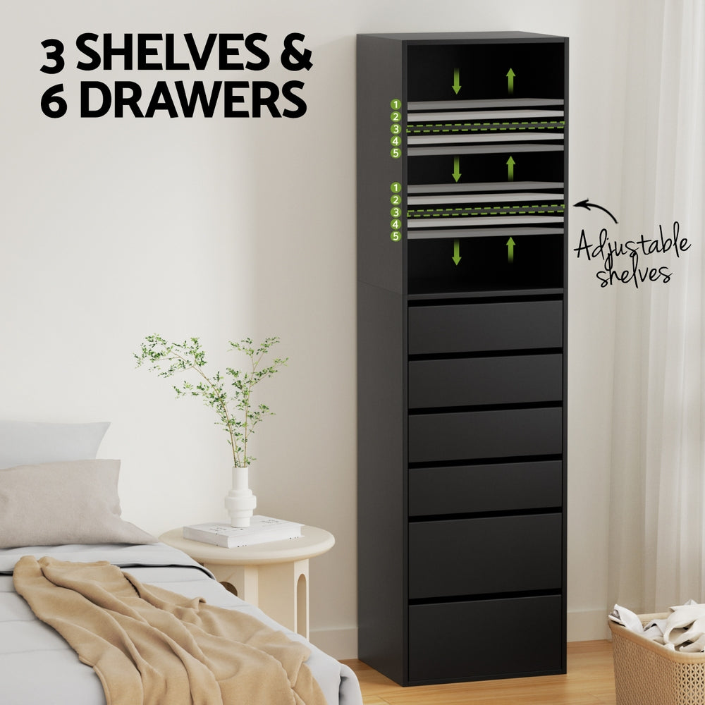 6 Chest of Drawers Tallboy Cabinet Black with six drawers, three adjustable shelves, set in a modern bedroom scene