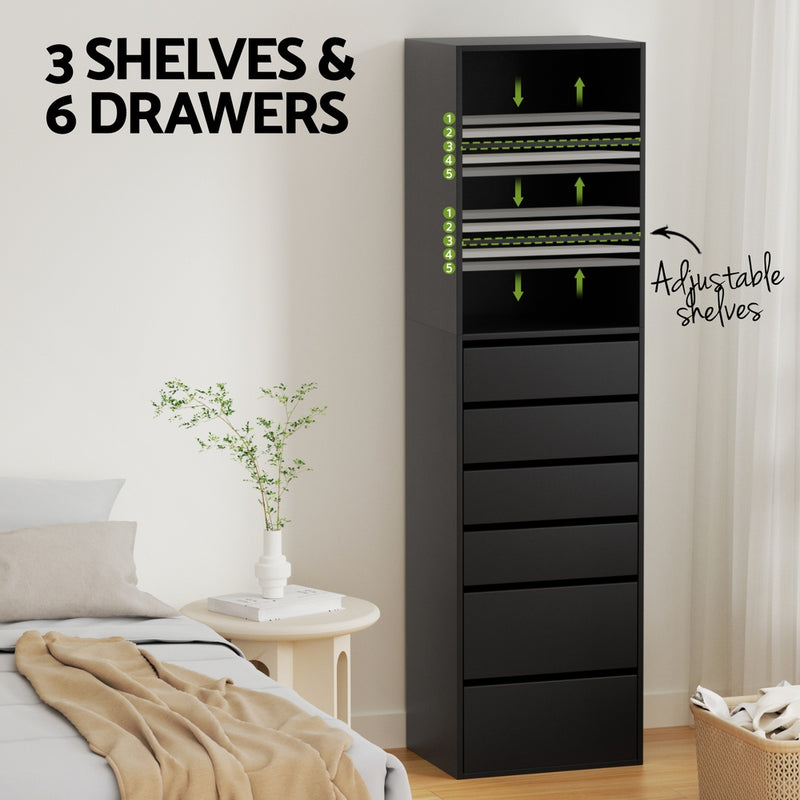 6 Chest of Drawers Tallboy Cabinet Black with six drawers, three adjustable shelves, set in a modern bedroom scene