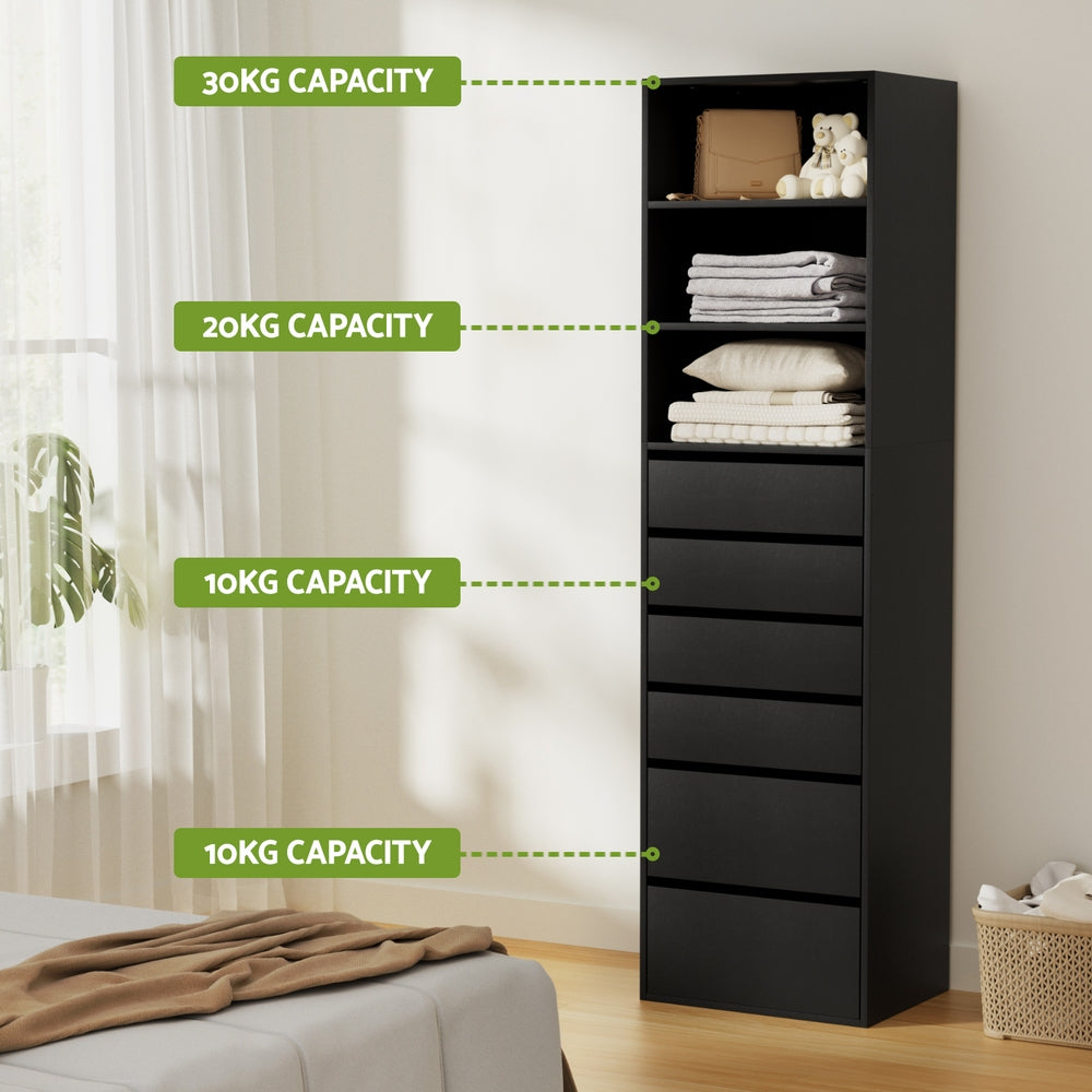 6 Chest of Drawers Tallboy Cabinet Black with six spacious drawers and open shelves showing weight capacities in bedroom setting