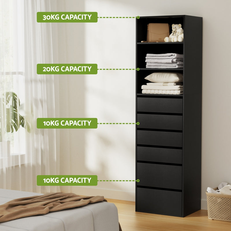 6 Chest of Drawers Tallboy Cabinet Black with six spacious drawers and open shelves showing weight capacities in bedroom setting
