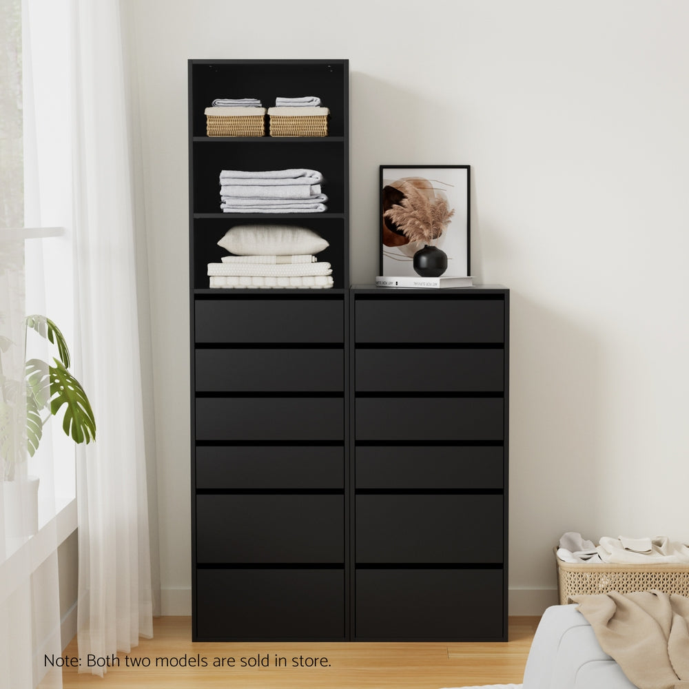 6 Chest of Drawers Tallboy Cabinet Black with six drawers in bedroom setting, styled with decor and folded linens