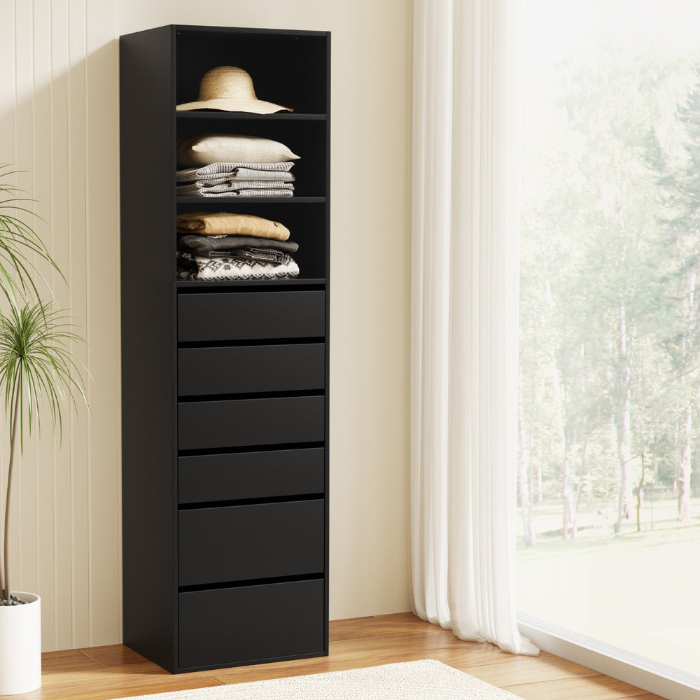 6 Chest of Drawers Tallboy Cabinet Black with six drawers and open shelves, styled in a bright bedroom setting