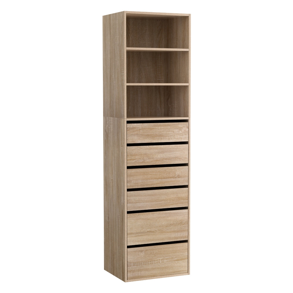 6 Chest of Drawers Tallboy Cabinet Pine with six drawers and two open shelves in light pine finish for bedroom furniture.
