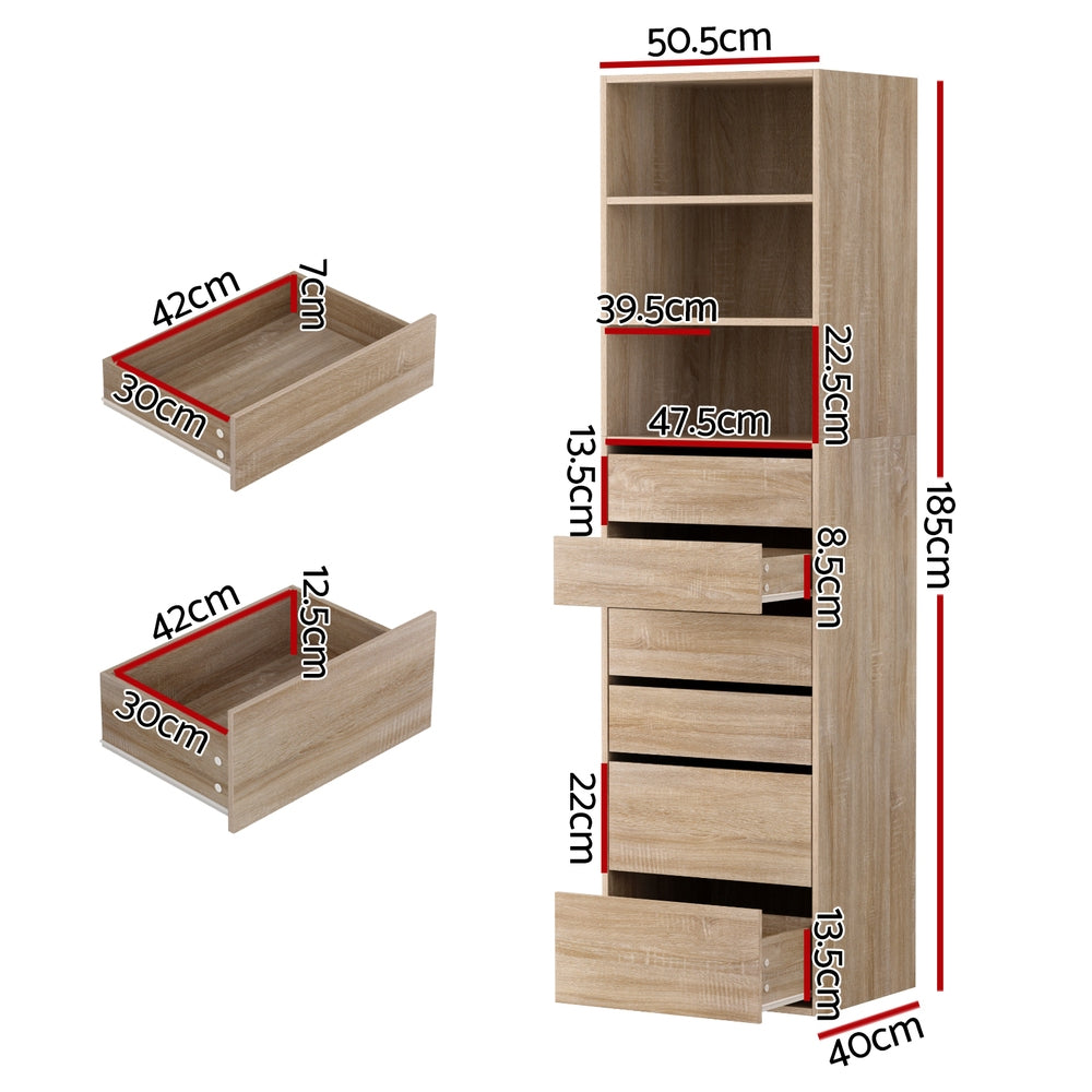 6 Chest of Drawers Tallboy Cabinet Pine with six spacious drawers and open shelving, modern handle-free design
