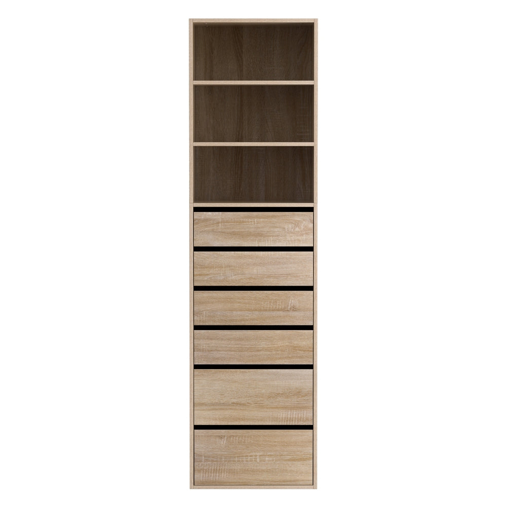 6 Chest of Drawers Tallboy Cabinet Pine with six drawers and open shelving in natural pine finish for bedroom furniture