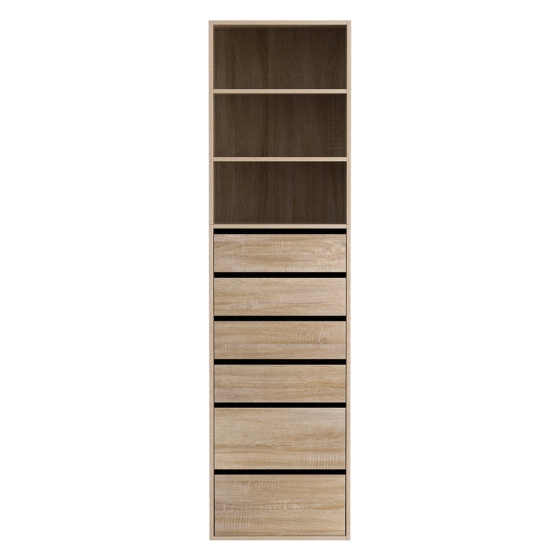 6 Chest of Drawers Tallboy Cabinet Pine with six drawers and open shelving in natural pine finish for bedroom furniture