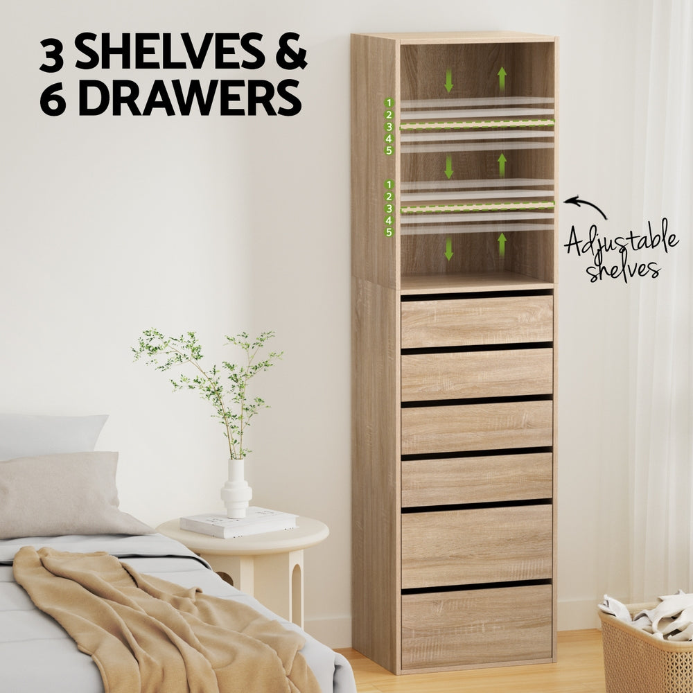 6 Chest of Drawers Tallboy Cabinet Pine with six drawers and three adjustable shelves in light pine finish in bedroom setting