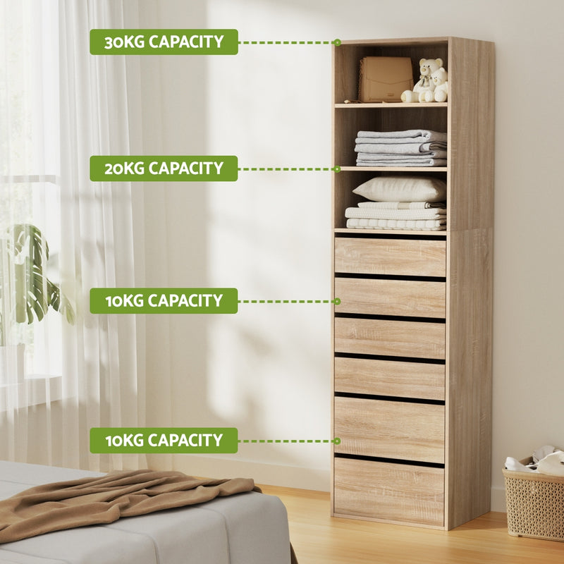 6 Chest of Drawers Tallboy Cabinet Pine with multiple shelves and drawers showing weight capacities in a bedroom setting