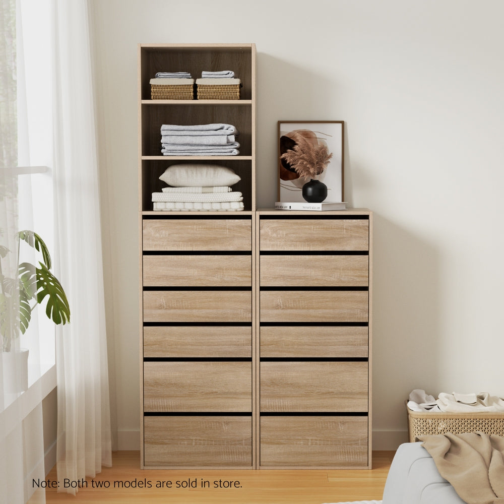 6 Chest of Drawers Tallboy Cabinet Pine with six drawers and open shelving, styled in a bedroom setting with decor