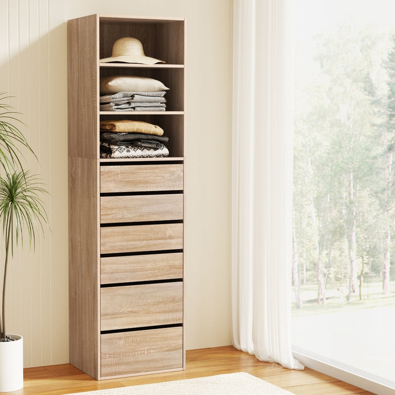 6 Chest of Drawers Tallboy Cabinet Pine with six drawers and open shelving, styled in a bright, modern room setting