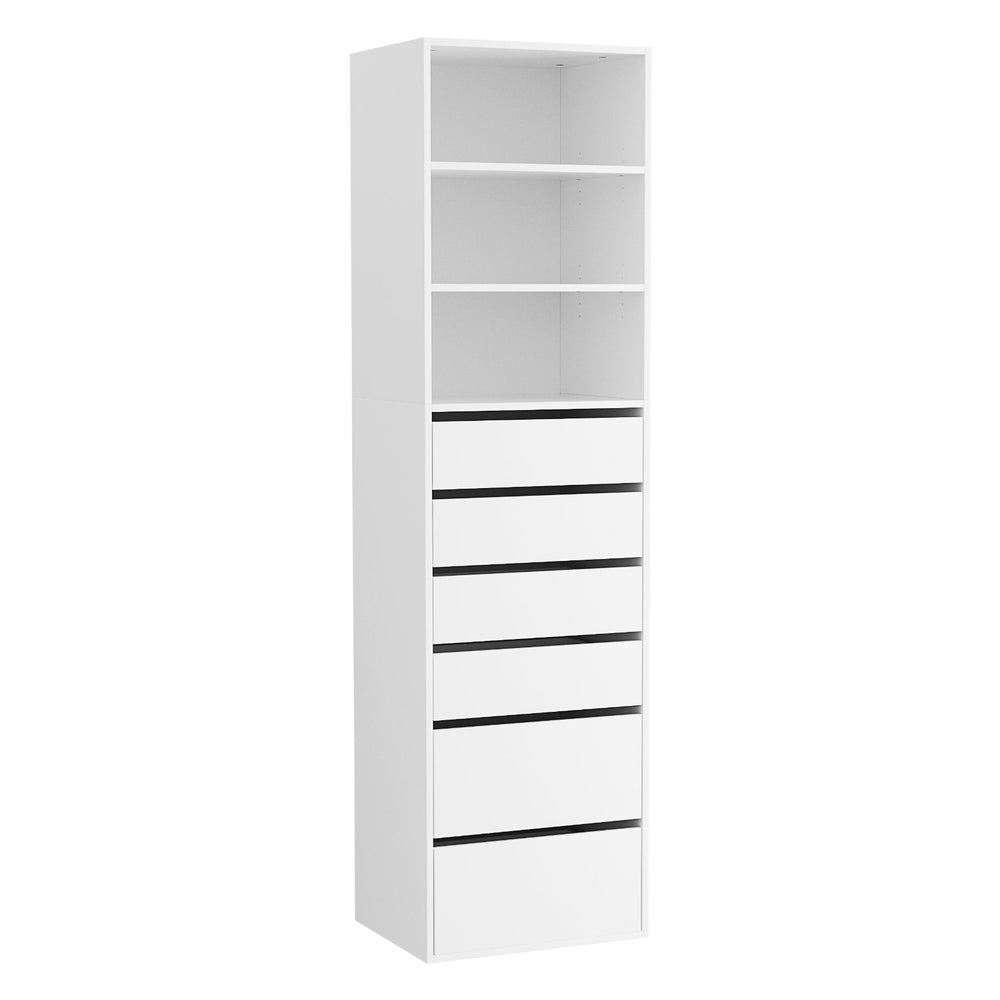 6-Drawer Tallboy Cabinet with Shelving - White tall bedroom furniture with open shelves and minimalist drawers for storage by Bedzy