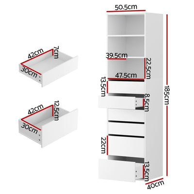 6-Drawer Tallboy Cabinet with Shelving - White with detailed drawer and shelf dimensions, modern bedroom furniture by Bedzy