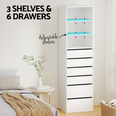 6-Drawer Tallboy Cabinet with Shelving - White tall bedroom furniture with adjustable shelves and spacious drawers in a modern room setting