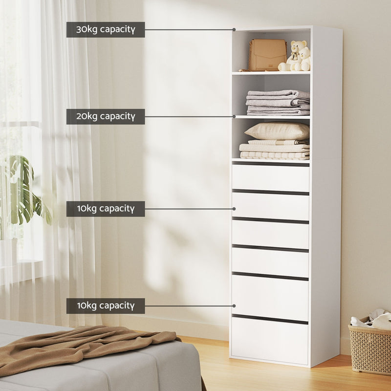 6-Drawer Tallboy Cabinet with Shelving - White tall bedroom furniture piece with labeled weight capacities on shelves and drawers