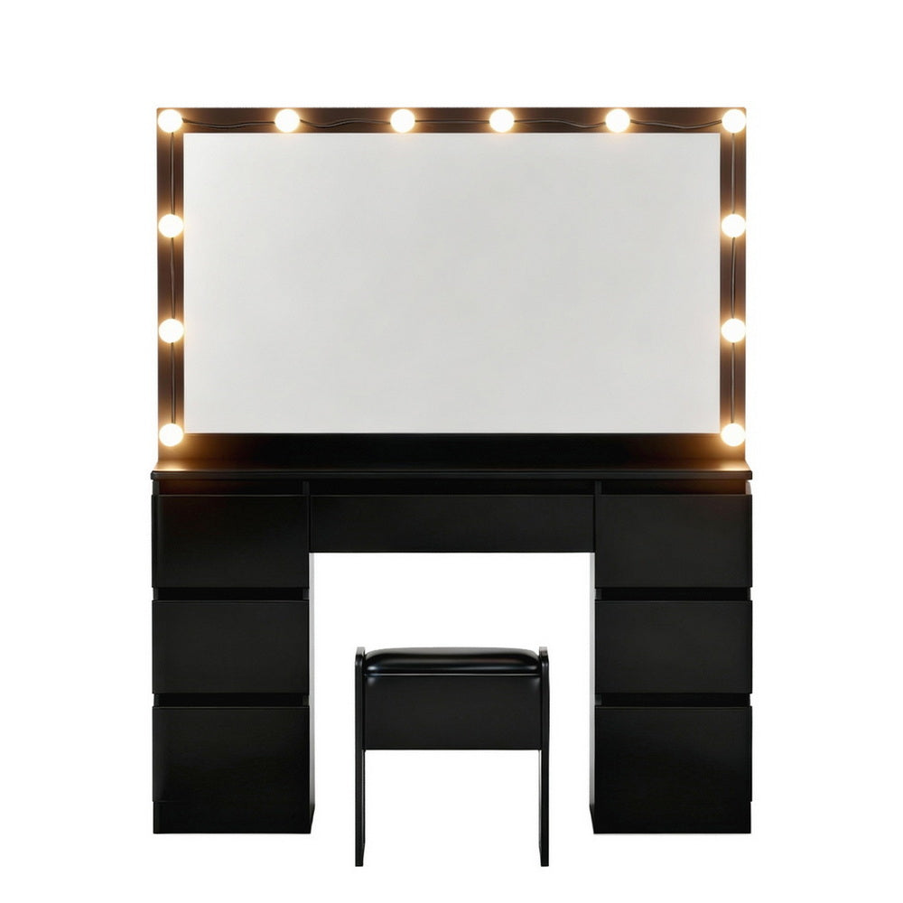 Dressing Table Vanity Desk Set Stool 12 Led Bulbs Black with large mirror, storage drawers, and cushioned stool
