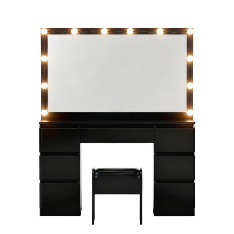Dressing Table Vanity Desk Set Stool 12 Led Bulbs Black with large mirror, storage drawers, and cushioned stool