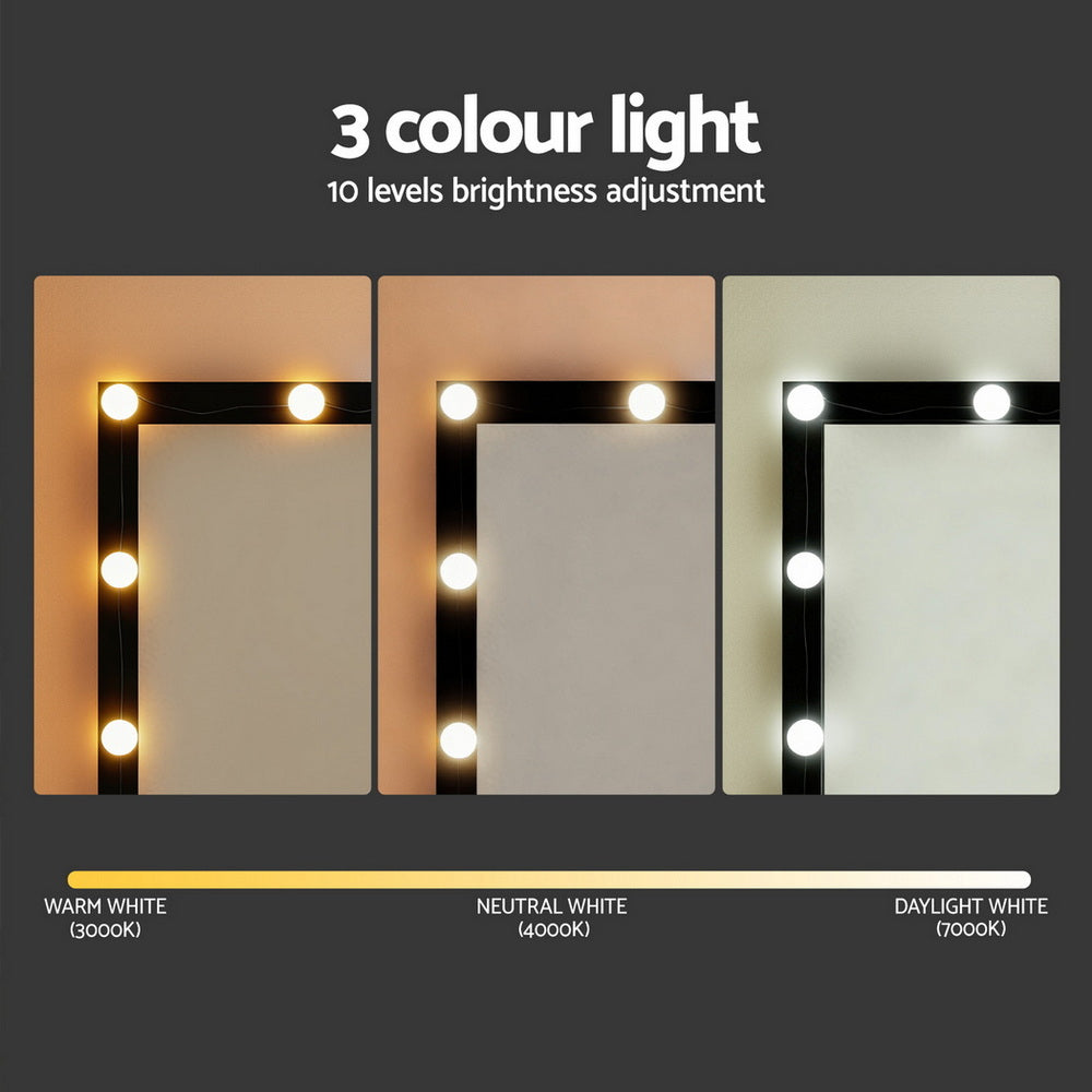 Dressing Table Vanity Desk Set Stool 12 Led Bulbs Black showing 3 colour light modes with brightness adjustment