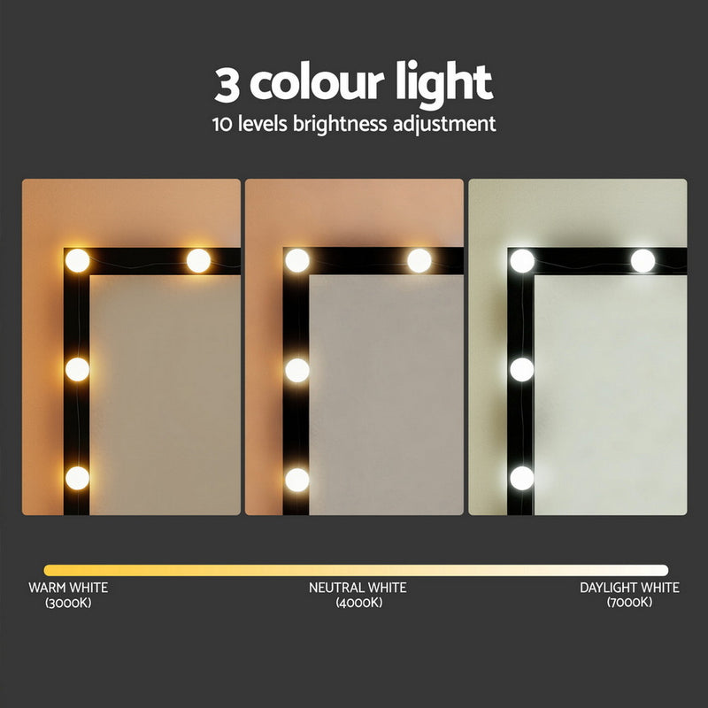 Dressing Table Vanity Desk Set Stool 12 Led Bulbs Black showing 3 colour light modes with brightness adjustment