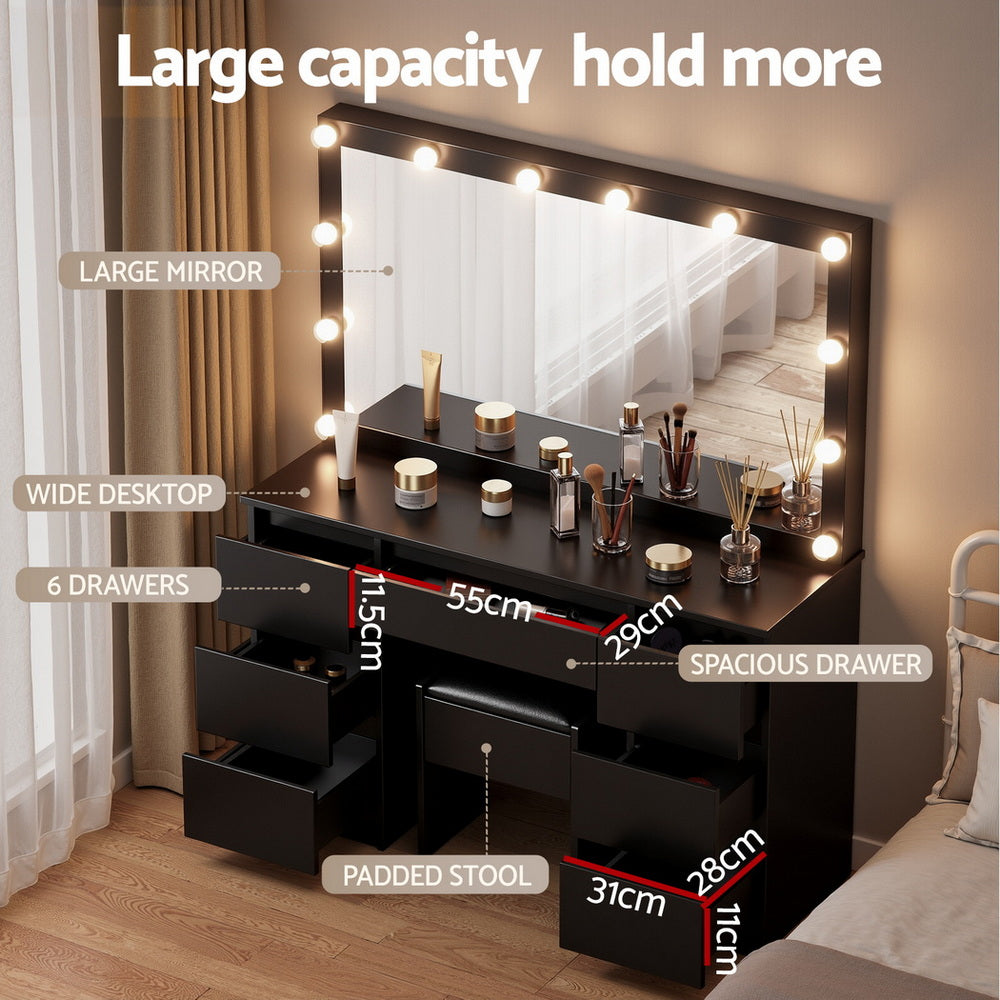Dressing Table Vanity Desk Set Stool 12 Led Bulbs Black with large mirror, six drawers, wide desktop, and padded stool