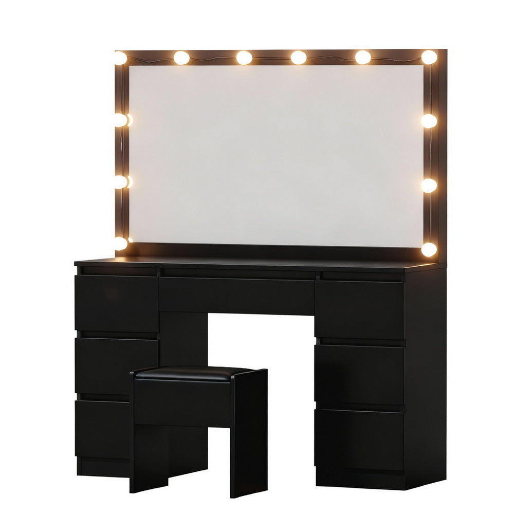 Dressing Table Vanity Desk Set Stool 12 Led Bulbs Black with large mirror and multiple drawers for bedroom furniture