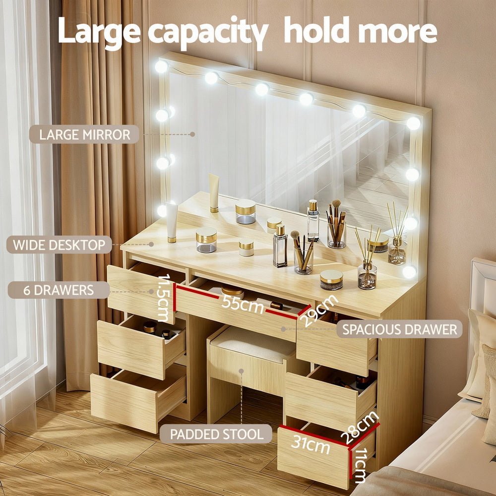 Dressing Table Vanity Desk Set Stool 12 Led Bulbs Wood with large mirror, 6 drawers, padded stool, and wide desktop