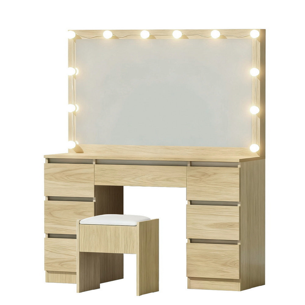 Dressing Table Vanity Desk Set Stool 12 Led Bulbs Wood with multiple drawers and cushioned stool on white background