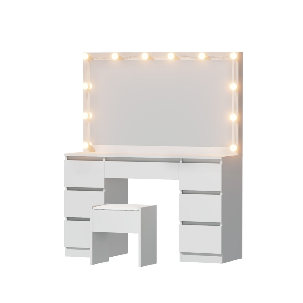 Dressing Table Vanity Desk Set Stool 12 Led Bulbs White with multiple drawers and illuminated large mirror