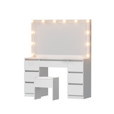 Dressing Table Vanity Desk Set Stool 12 Led Bulbs White with multiple drawers and illuminated large mirror