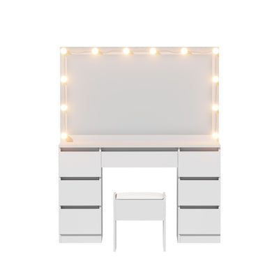 Dressing Table Vanity Desk Set Stool 12 Led Bulbs White with drawers and illuminated mirror for bedroom furniture.