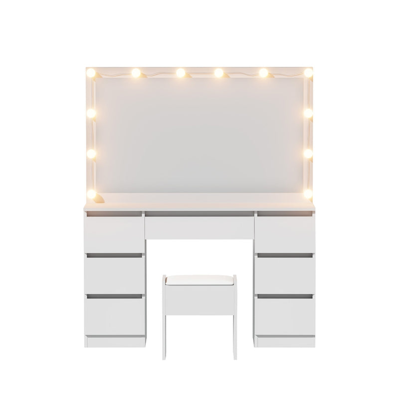 Dressing Table Vanity Desk Set Stool 12 Led Bulbs White with drawers and illuminated mirror for bedroom furniture.