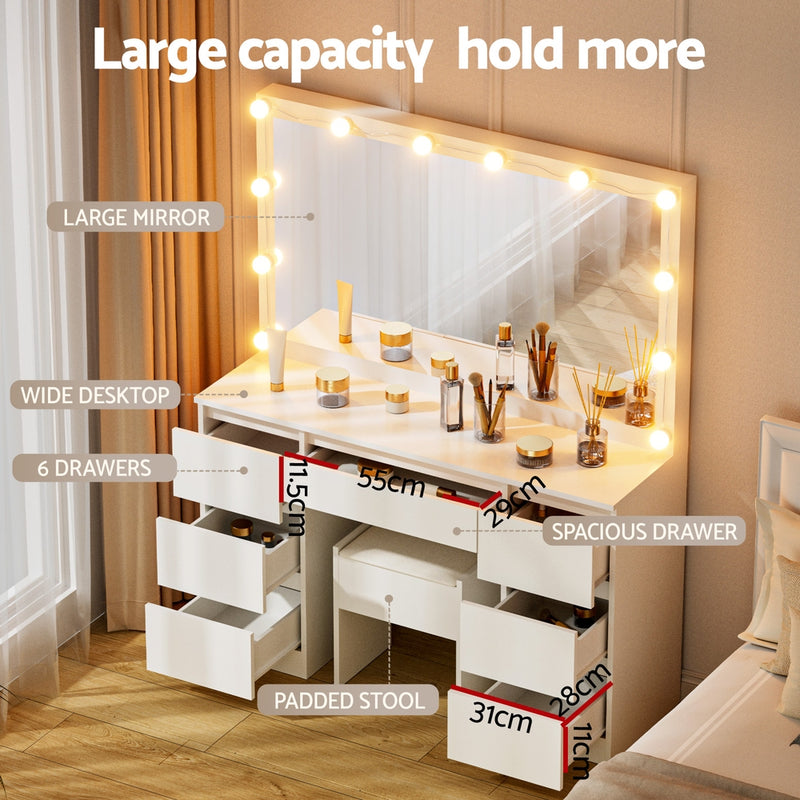Dressing Table Vanity Desk Set Stool 12 Led Bulbs White with large mirror, six drawers, padded stool, and wide desktop