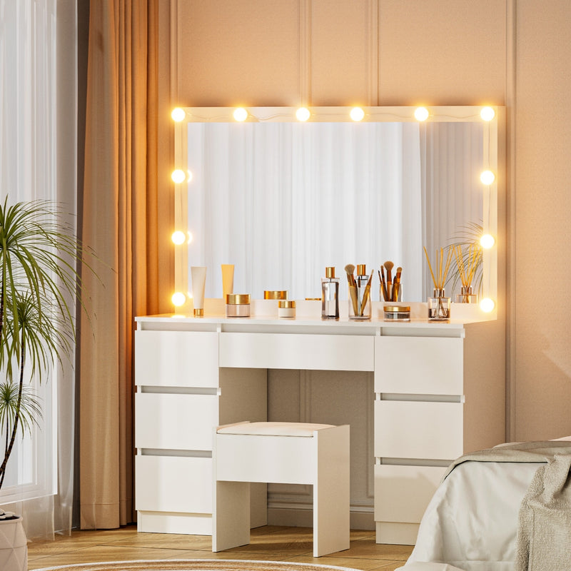 Dressing Table Vanity Desk Set Stool 12 Led Bulbs White with makeup brushes and cosmetic containers in bedroom furniture setting