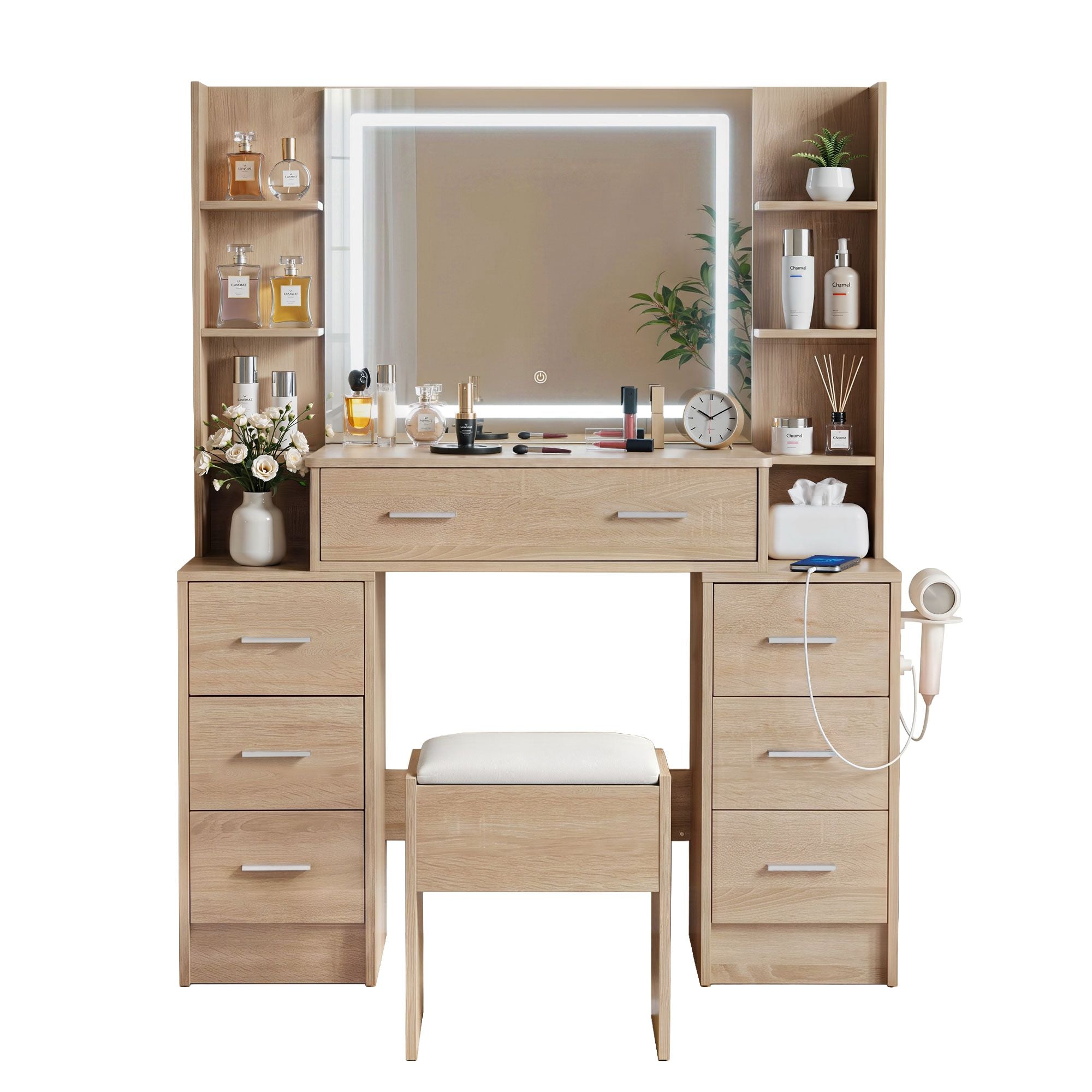 Dressing Table Vanity Desk Set Stool LED Charging Station Wood