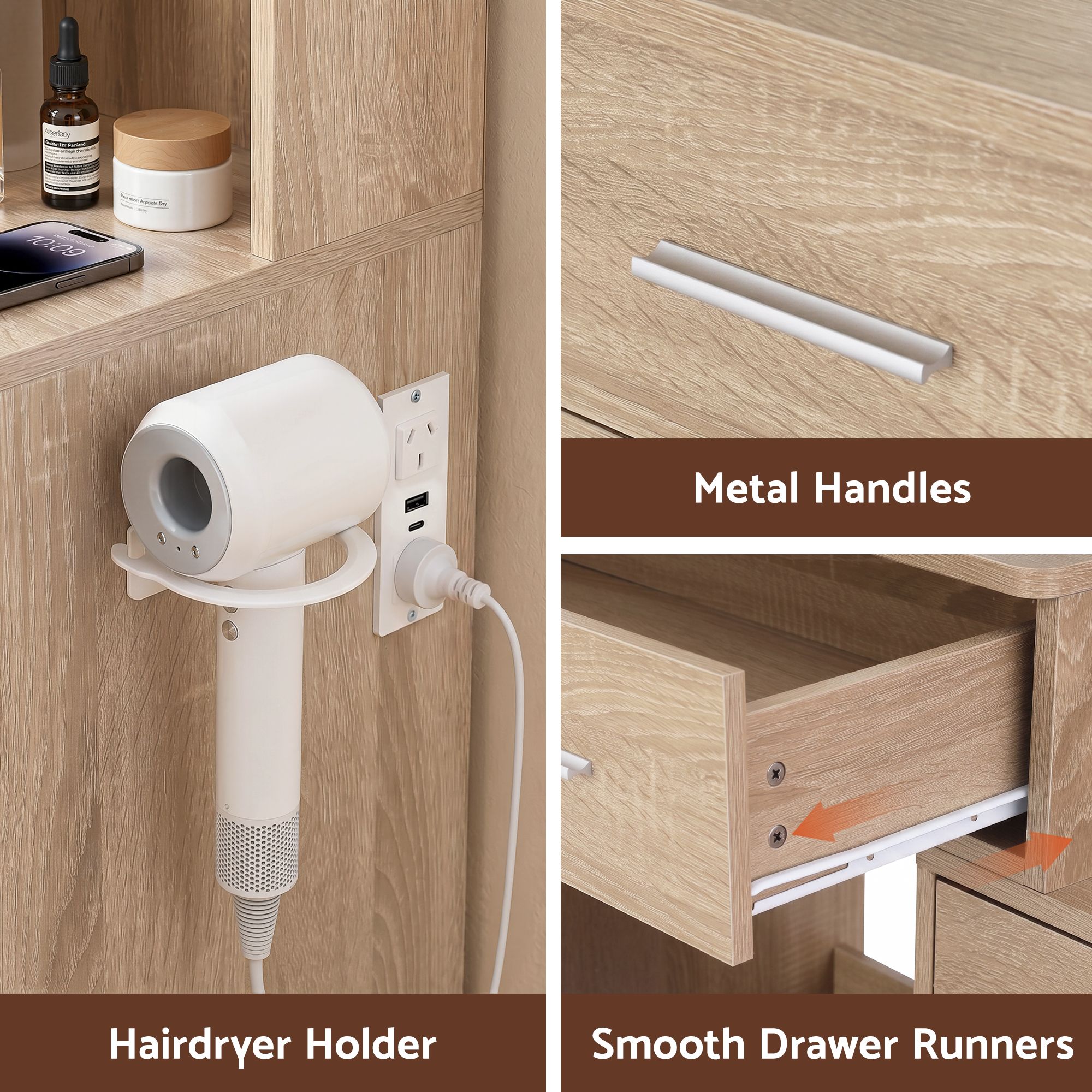 Dressing Table Vanity Desk Set with LED Mirror and Charging Station - Wood