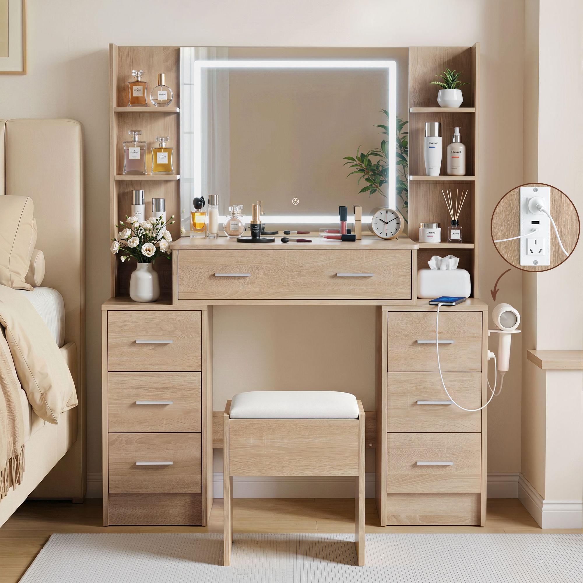Dressing Table Vanity Desk Set with LED Mirror and Charging Station - Wood