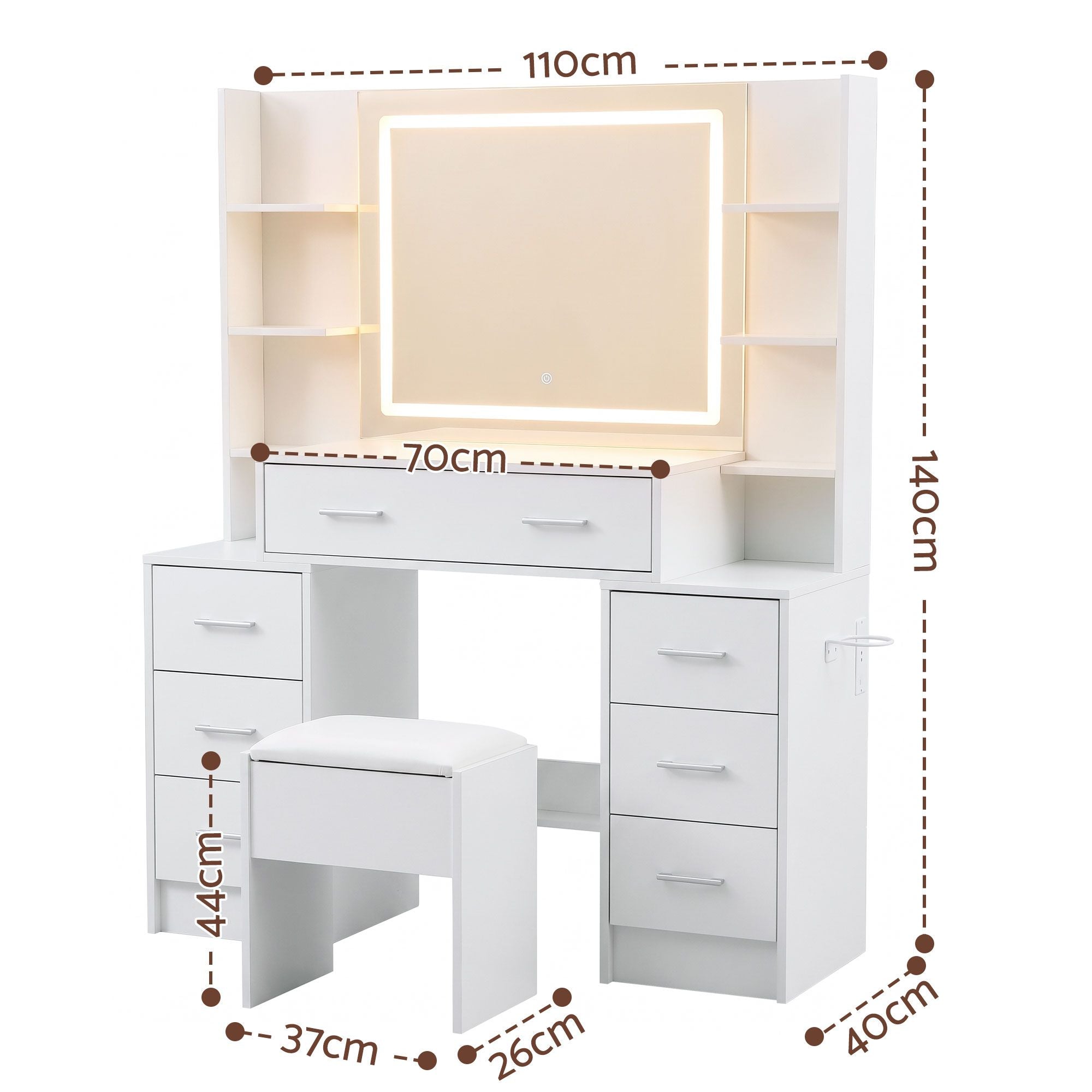 Dressing Table Vanity Desk Set with LED Mirror and Charging Station - White