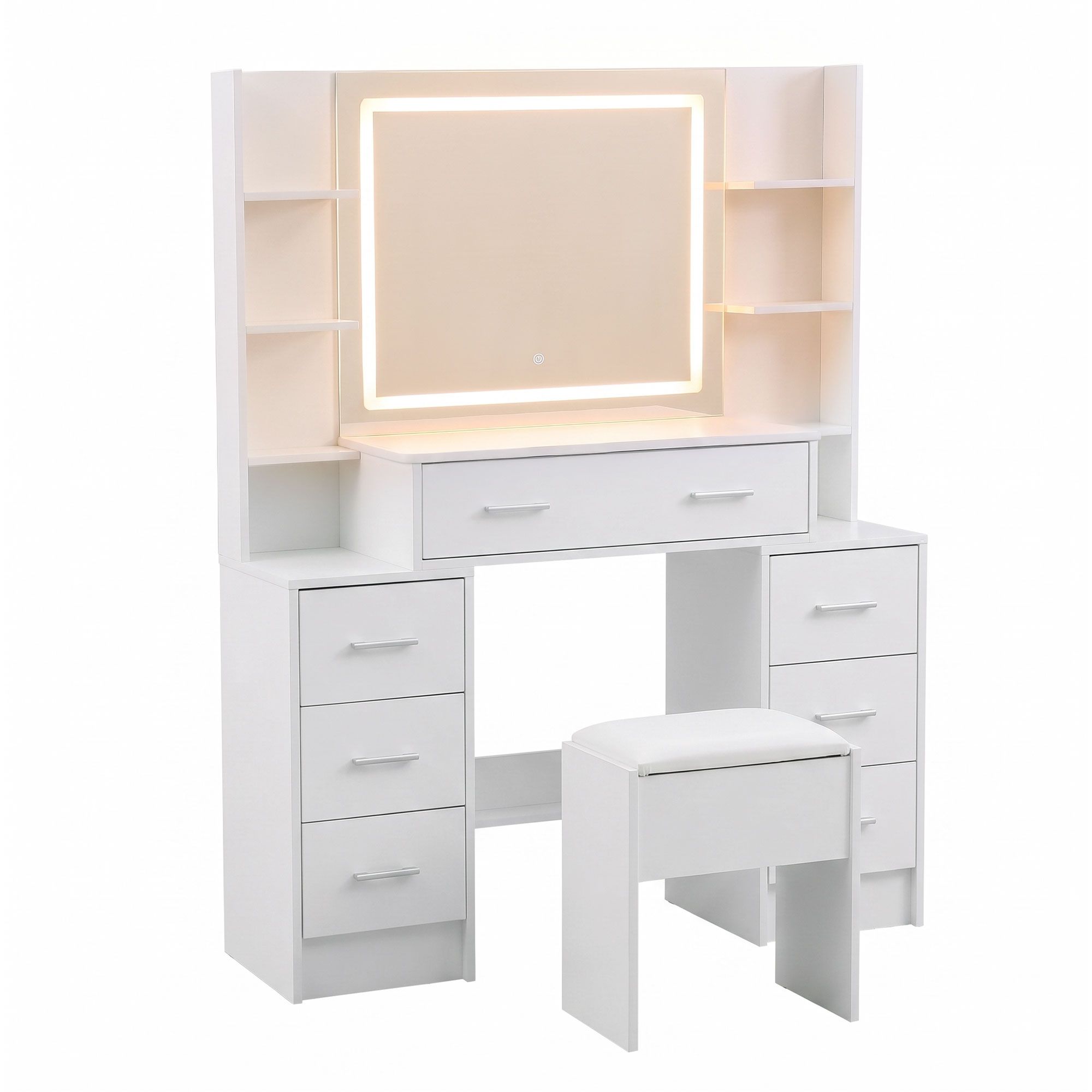 Dressing Table Vanity Desk Set with LED Mirror and Charging Station - White