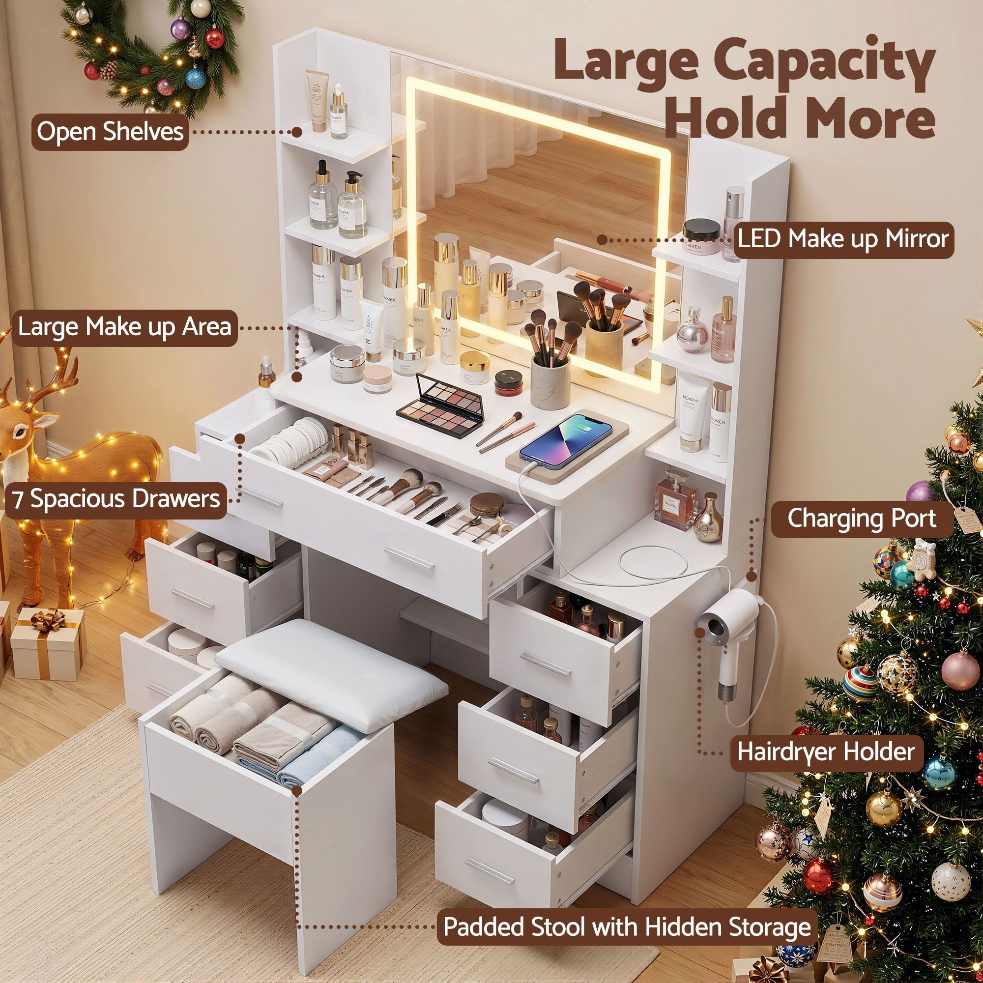 Dressing Table Vanity Desk Set with LED Mirror and Charging Station - White