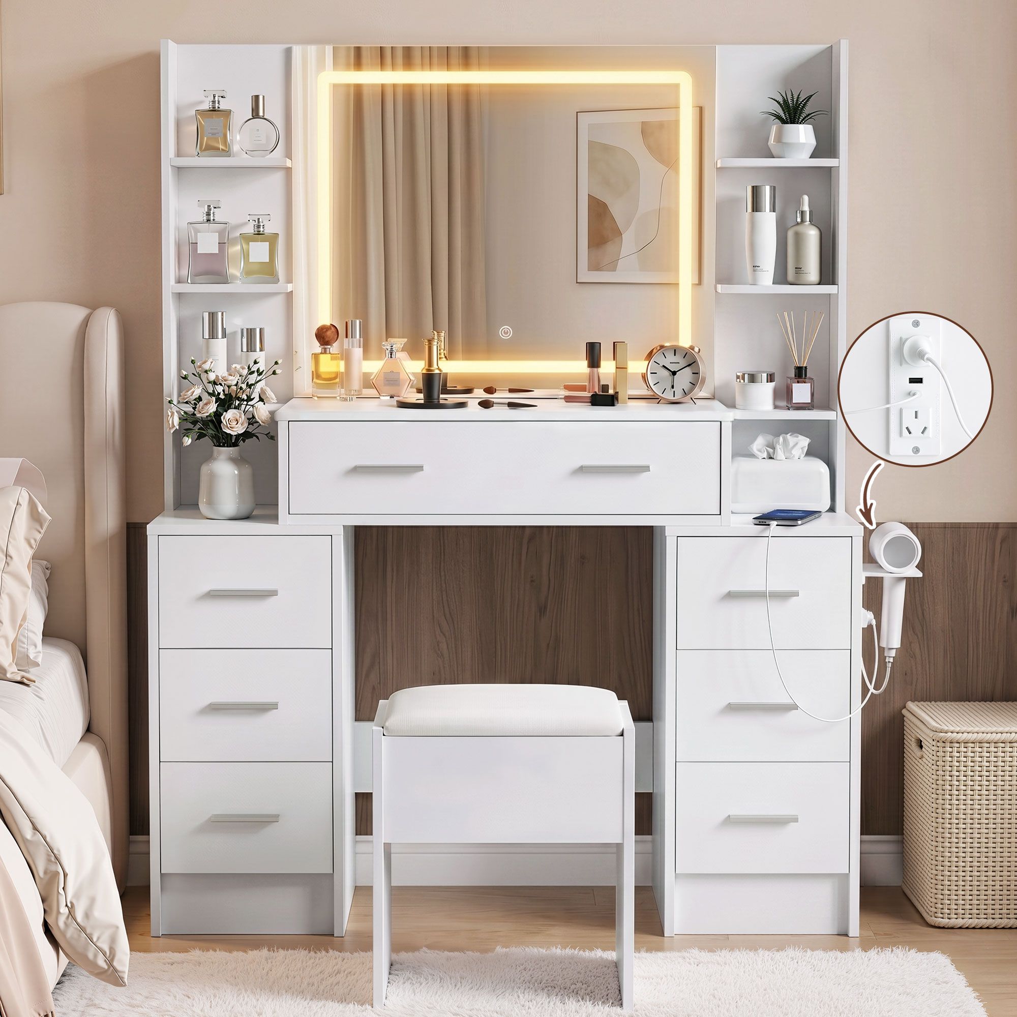 Dressing Table Vanity Desk Set with LED Mirror and Charging Station - White