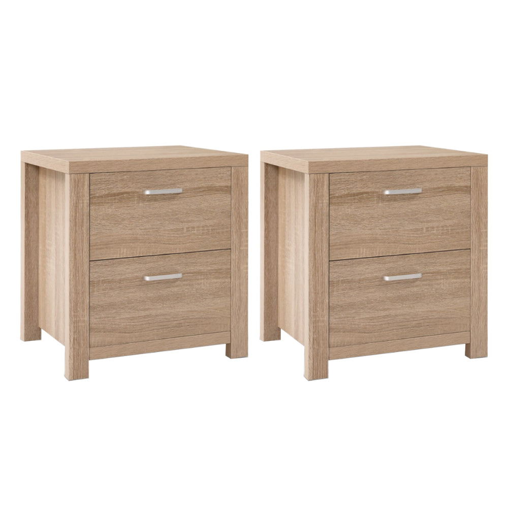 2x Bedside Table 2 Drawers - MAXI Pine twin pack with natural wood finish and metal handles, bedroom furniture by Bedzy