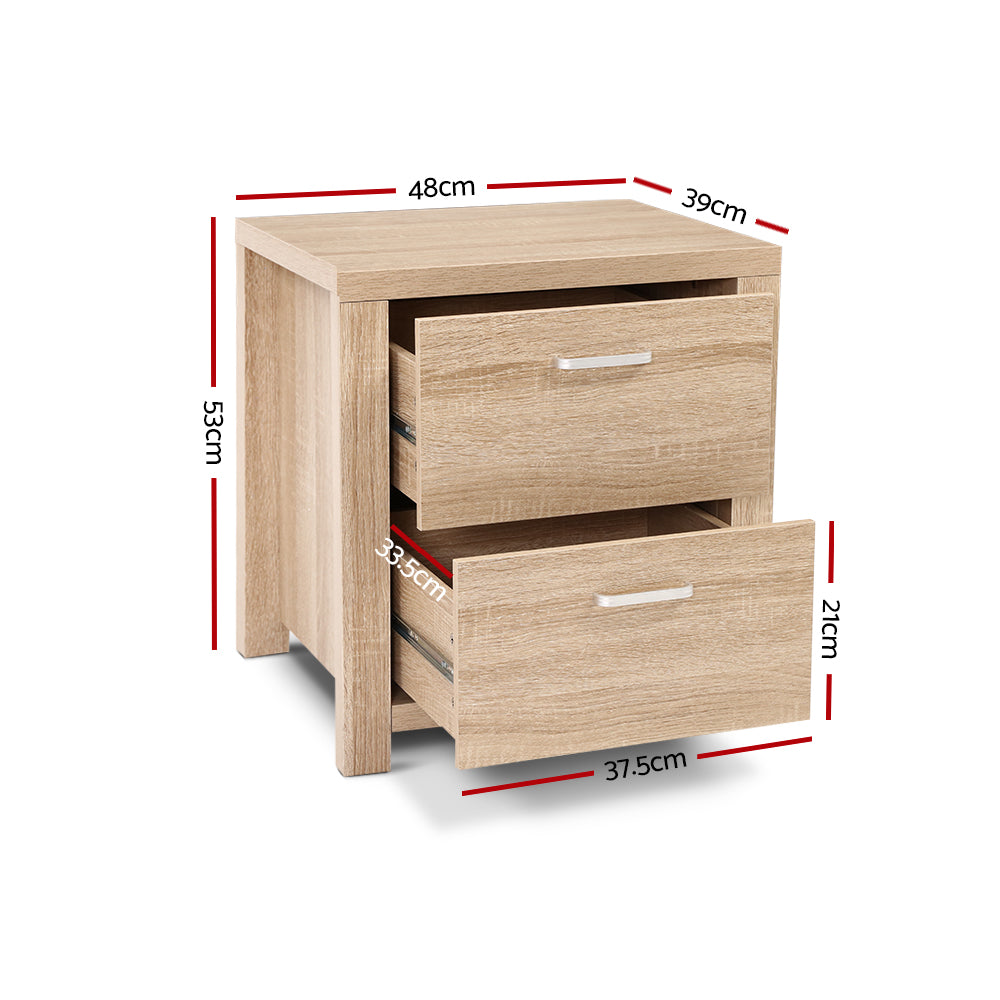 2x Bedside Table 2 Drawers - MAXI Pine twin pack with natural pine finish and metal handles shown with dimensions