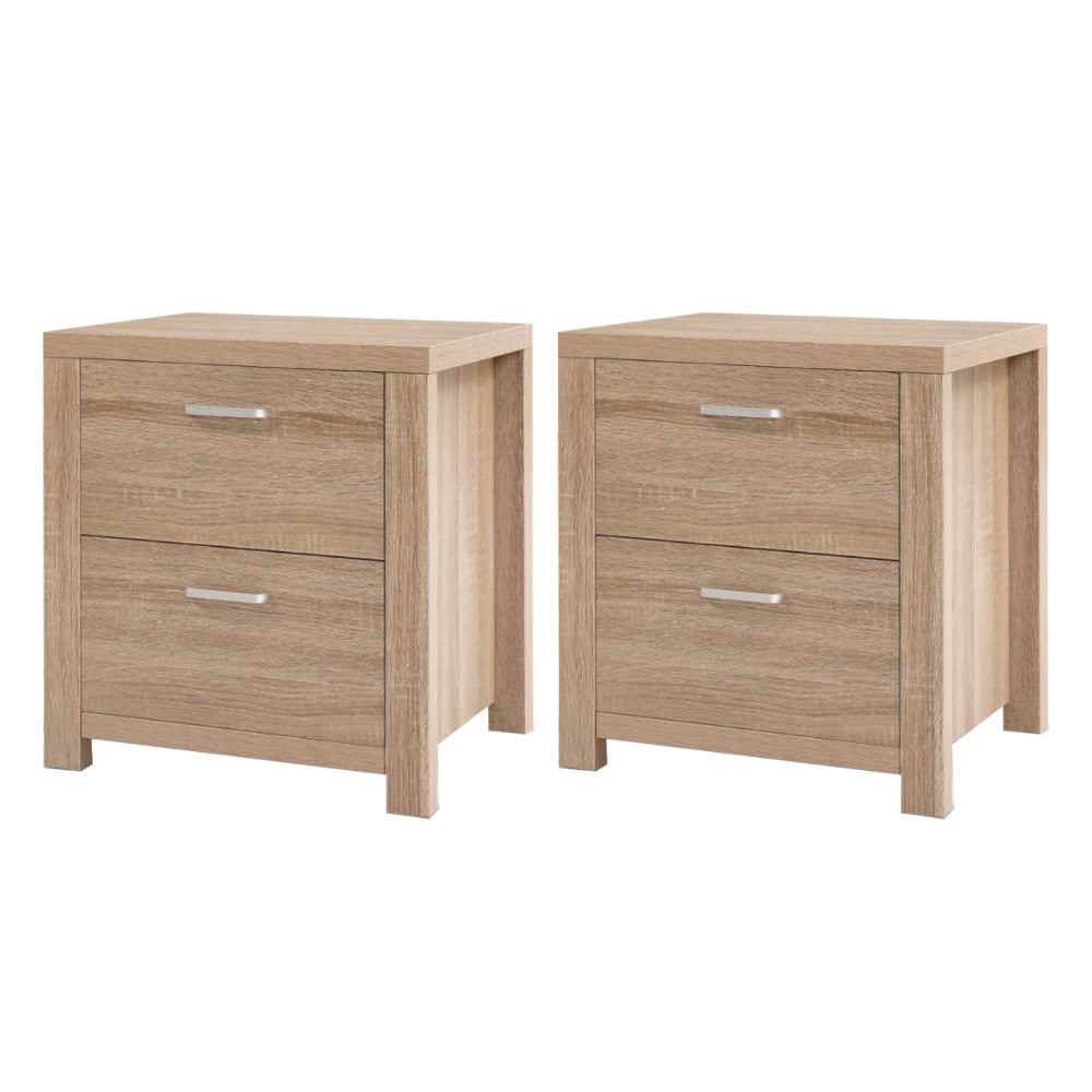 2x Bedside Table 2 Drawers - MAXI Pine twin pack with silver handles, natural wood finish, bedroom furniture by Bedzy