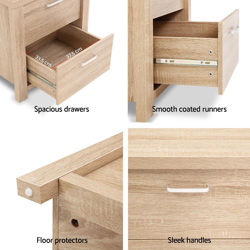 2x Bedside Table 2 Drawers - MAXI Pine showing spacious drawers, smooth runners, floor protectors, and sleek handles in natural pine finish