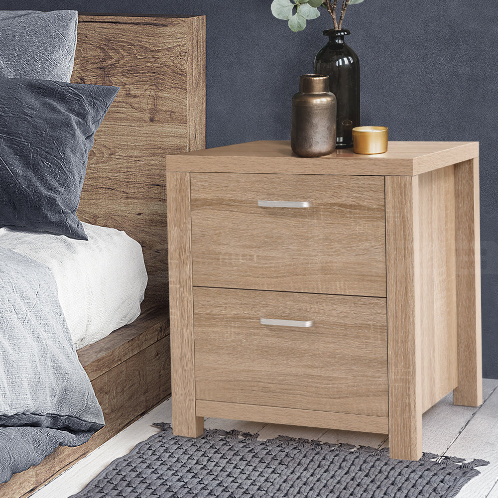 2x Bedside Table 2 Drawers - MAXI Pine twin pack with natural pine finish, metal handles, and modern bedroom storage design