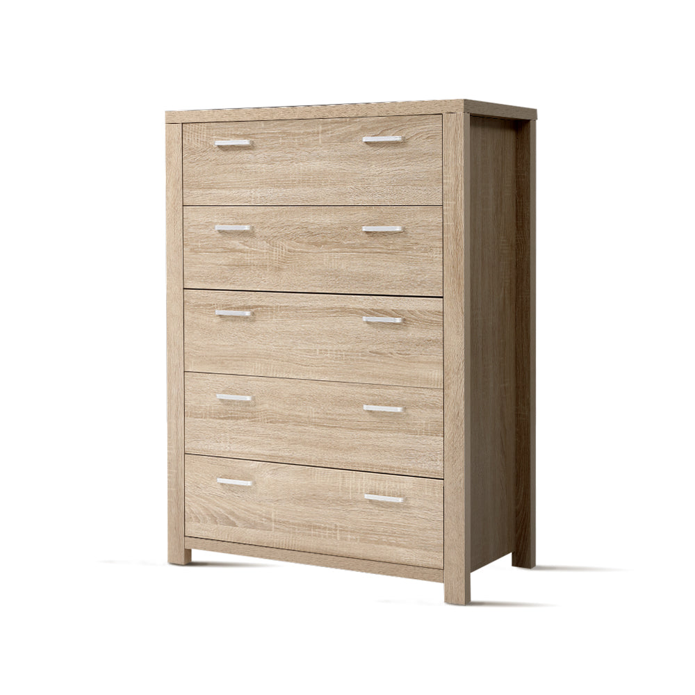 Maxi 5-drawer Tallboy Oak with silver handles, crafted from honeycomb wood, ideal bedroom furniture for extra storage