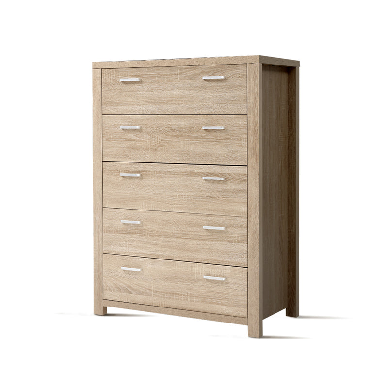 Maxi 5-drawer Tallboy Oak with silver handles, crafted from honeycomb wood, ideal bedroom furniture for extra storage