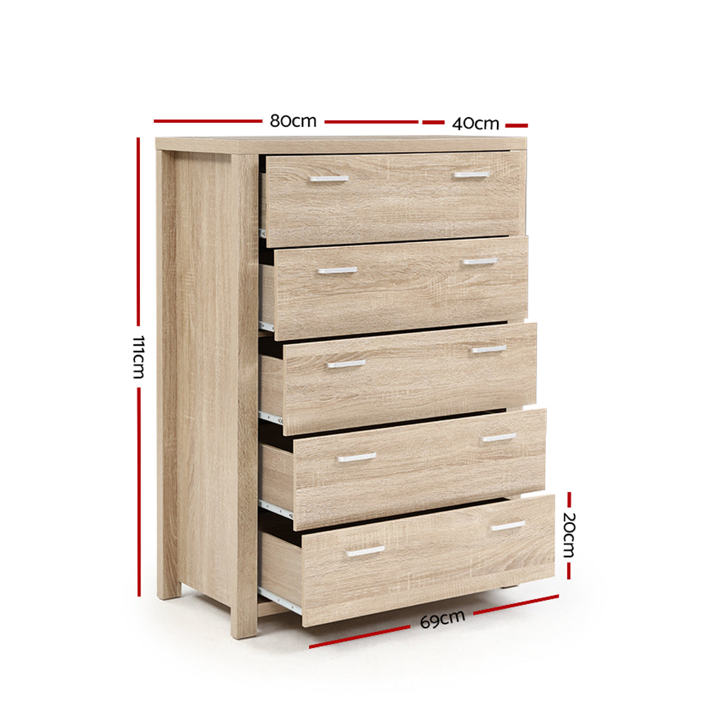 Maxi 5-drawer Tallboy Oak with metal handles, five spacious drawers, and a light oak finish for bedroom storage.