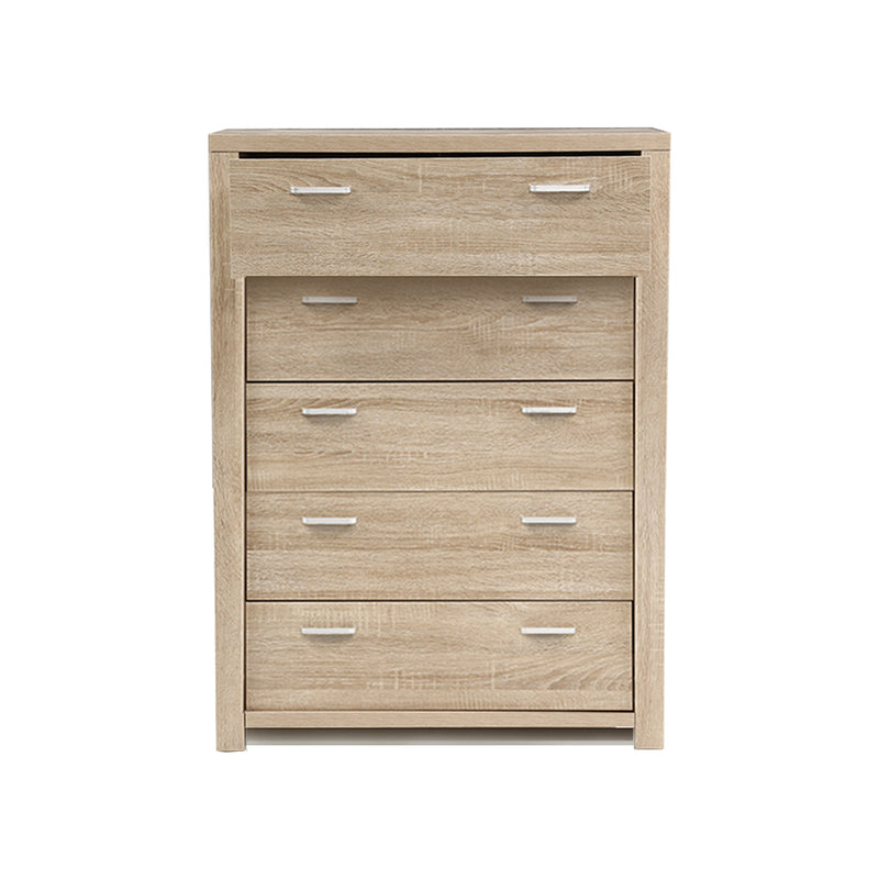 Maxi 5-drawer Tallboy Oak with silver handles, five drawers, and a light oak finish for bedroom storage furniture
