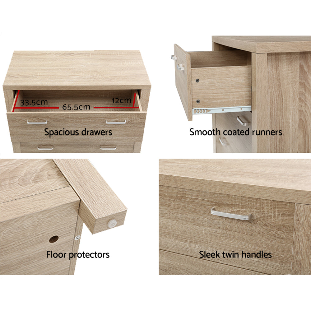 Maxi 5-drawer Tallboy Oak with spacious drawers, smooth runners, floor protectors, and sleek twin handles in oak finish