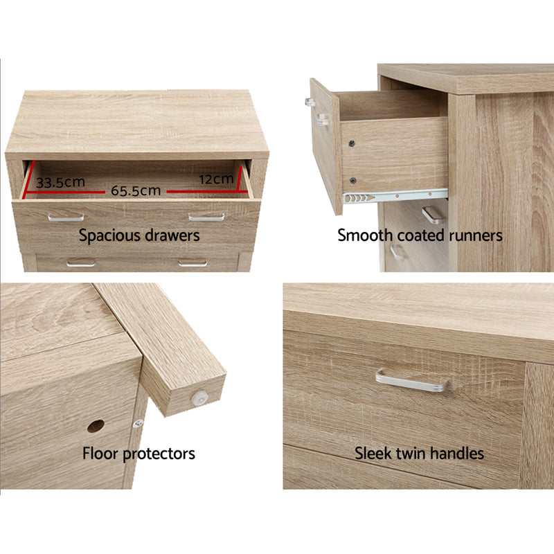 Maxi 5-drawer Tallboy Oak with spacious drawers, smooth runners, floor protectors, and sleek twin handles in oak finish